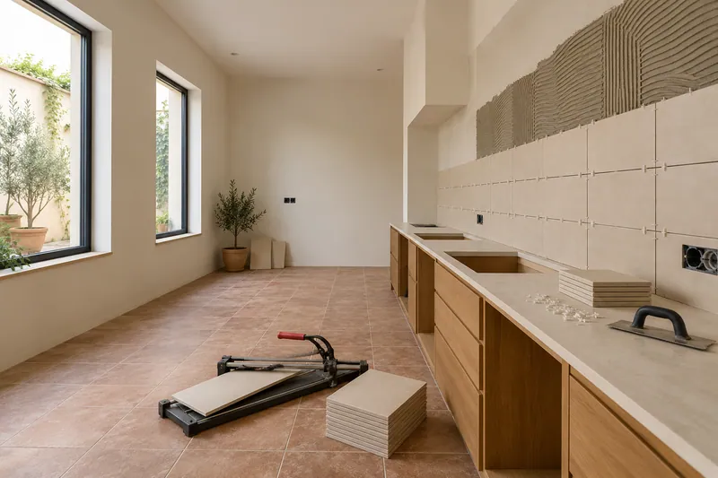 Visualización conceptual IA: Colocación de azulejos con separadores y adhesivo sobre una pared de cocina.