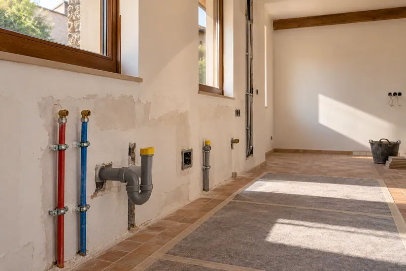 Visualización conceptual IA: Tuberías de suministro y desagüe durante la renovación de una cocina.
