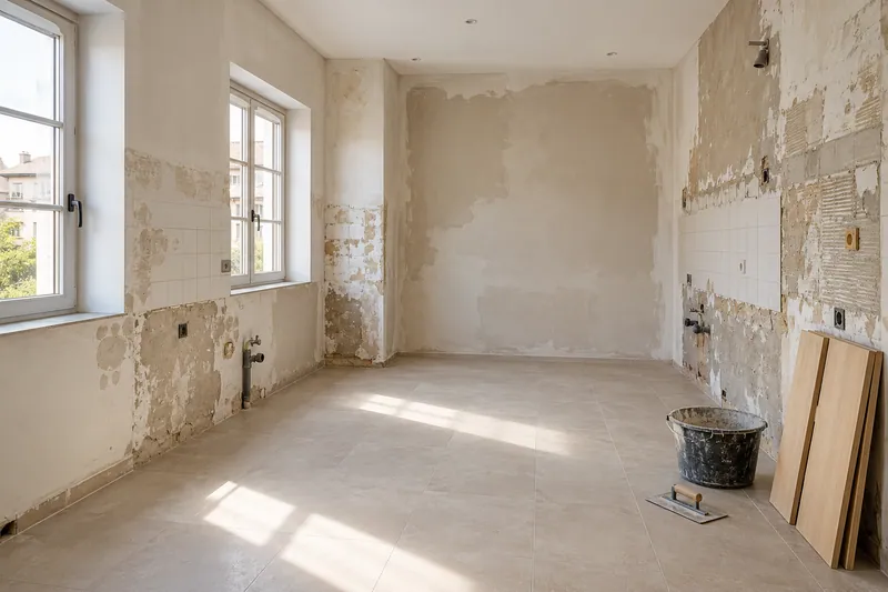 Visualización conceptual IA: Cocina sin muebles con paredes en preparación y zonas de enlucido.